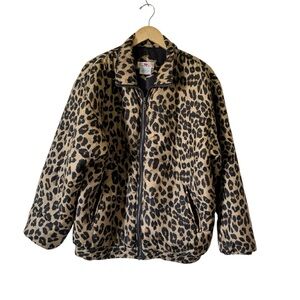 Vintage Y2K Silk Animal Print Bomber Jacket Leopard Quilted Coat Womens Large